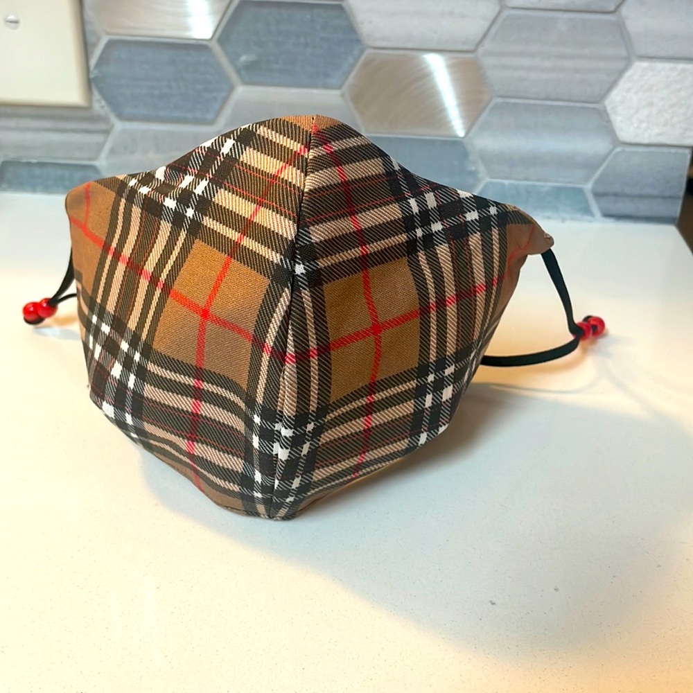 Tan plaid adult face mask adjustable with wire across